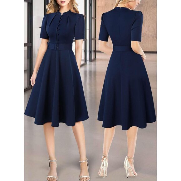 Women's Navy Blue Fit Flare Midi Dress Polyester Cotton Spandex Work Office - Picture 2 of 6